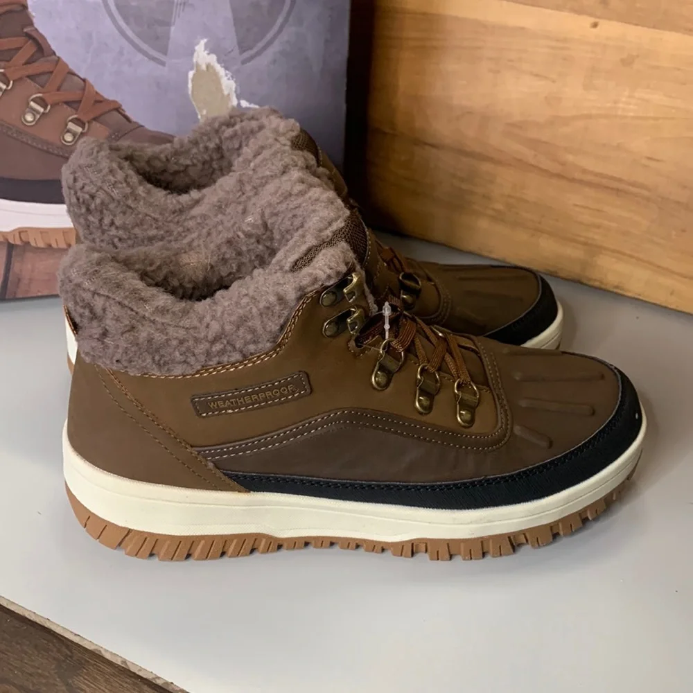 NEW Men’s Weatherproof Slope Boot Brown Black Leather Memory Foam